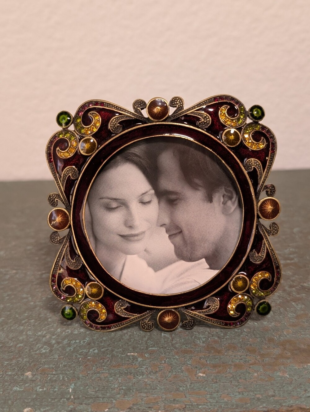 Ornate Bejeweled Enamel Intricate Picture Frame For 2x2" Round Photo Small